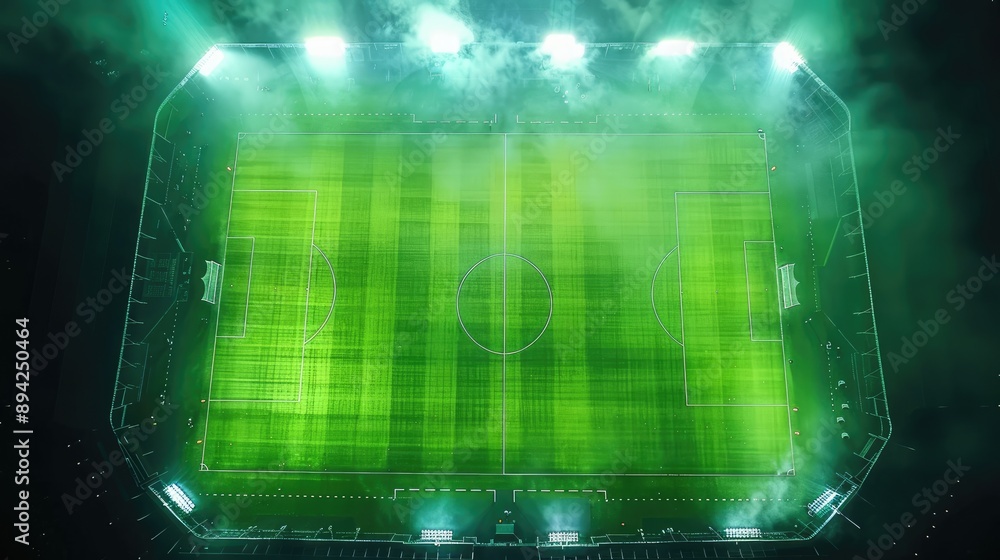 Aerial perspective of a football stadium arena, highlighting the green field and spotlight setup for a match Aerial perspective of a football stadium arena, highlighting the green field and spotlight setup for a match
