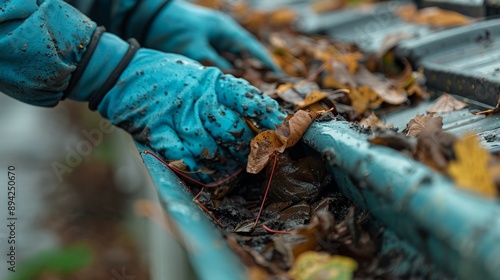 Close-up of hands wearing gloves cleaning leaves out of a clogged rain gutter during autumn. photo