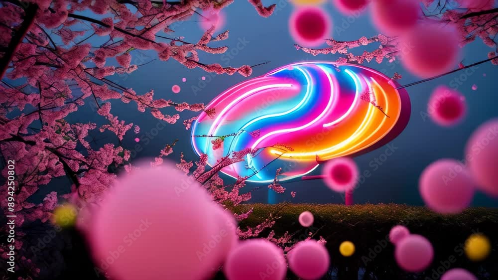 neon sign with vibrant, swirling colors is surrounded by blooming cherry blossoms and pink balloons, creating a whimsical, festive atmosphere against a dark, twilight sky neon sign with vibrant, swirling colors is surrounded by blooming cherry blossoms and pink balloons, creating a whimsical, festive atmosphere against a dark, twilight sky