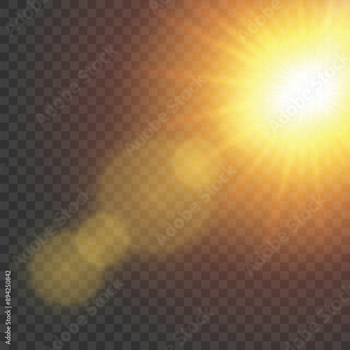 Golden sunburst with lens flare on transparent background, vector
