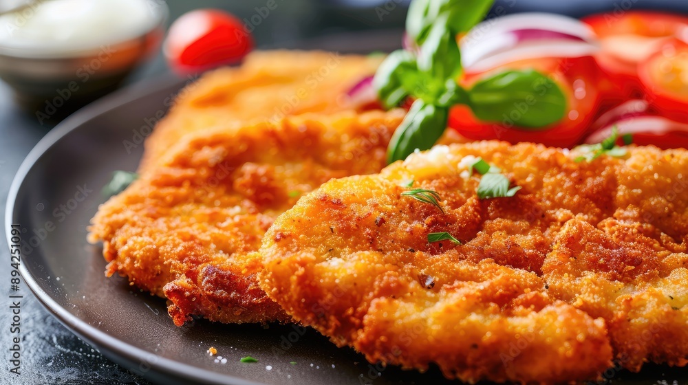 Close-up of a delicious Wiener Schnitzel on a plate, highlighting its status as a popular international food concept Close-up of a delicious Wiener Schnitzel on a plate, highlighting its status as a popular international food concept