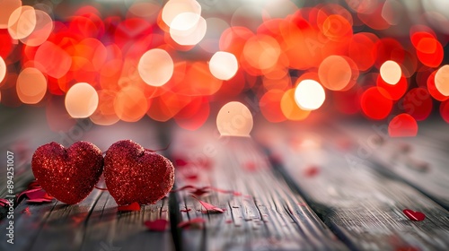 Red hearts on wooden floor against holiday defocused lights background, red heart on a red background with highlights, beautiful holiday background with copy space