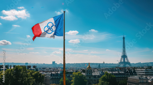 French flag with the Summer Olympics 2024 logo and the Eiffel Tower in the background, panoramic view of Paris