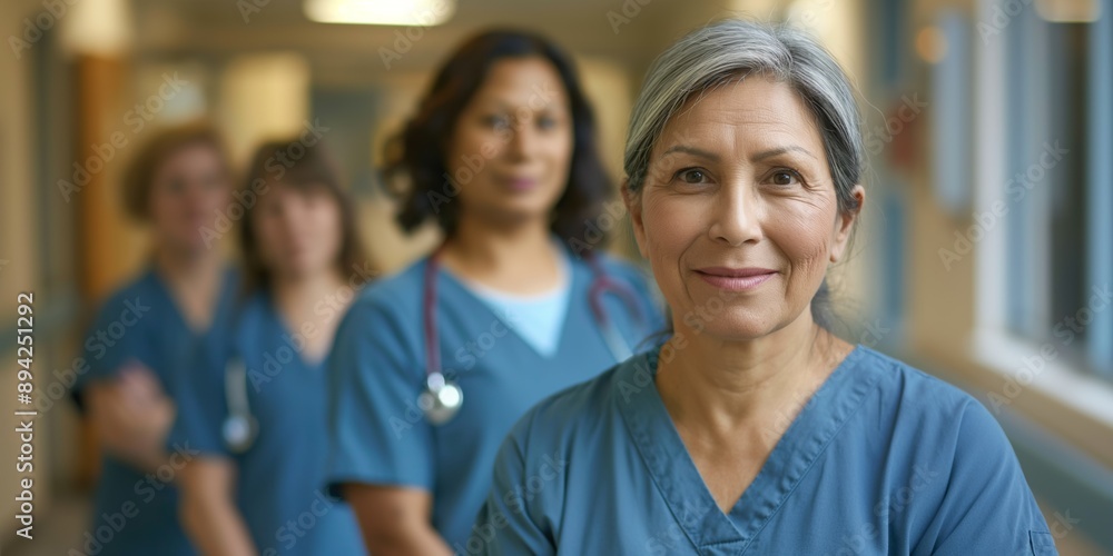 A group of nurses are standing in a hallway, one of them smiling. Scene is positive and friendly A group of nurses are standing in a hallway, one of them smiling. Scene is positive and friendly