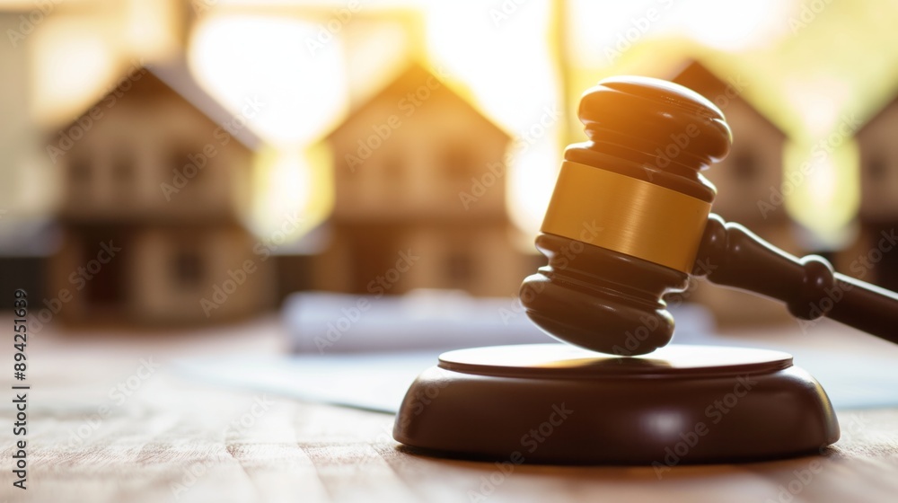 The wooden gavel of the court and houses on a blurred background real estate law concept The wooden gavel of the court and houses on a blurred background real estate law concept
