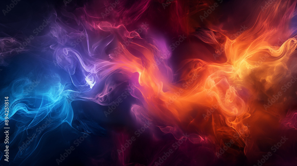 A vibrant and dynamic interplay of colors and forms. On the left, there's a swirling pattern of blue and purple hues, reminiscent of a mystical or otherworldly atmosphere A vibrant and dynamic interplay of colors and forms. On the left, there's a swirling pattern of blue and purple hues, reminiscent of a mystical or otherworldly atmosphere