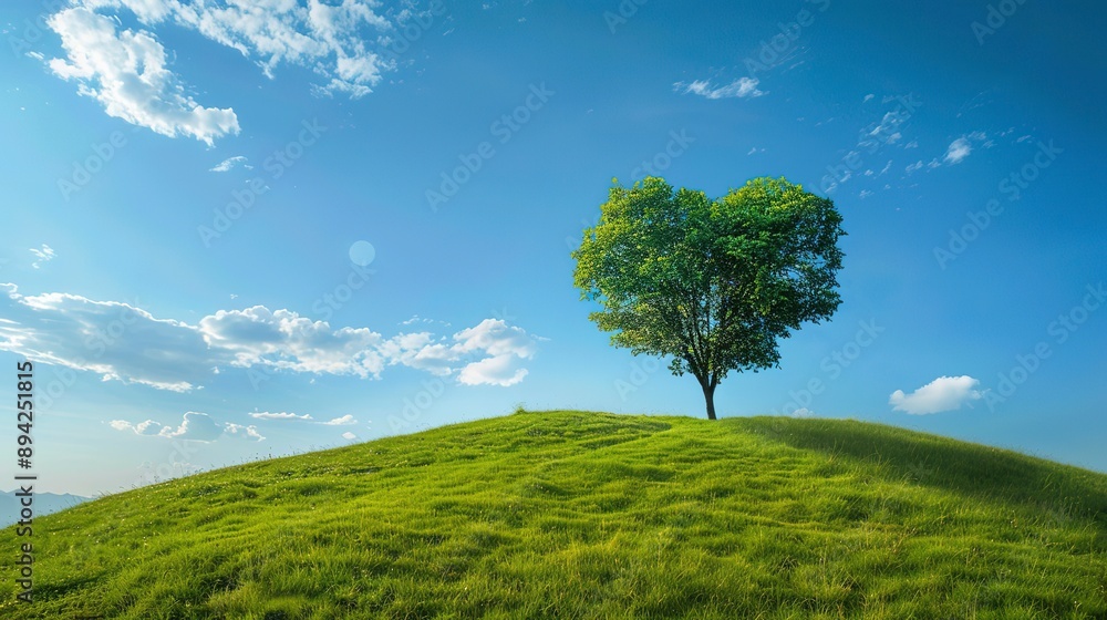 Green grass on slope with heart shape green tree under blue sky. Beauty nature. Good environment. World Environment Day. World day against drought and drought problems. Green grass on slope with heart shape green tree under blue sky. Beauty nature. Good environment. World Environment Day. World day against drought and drought problems.