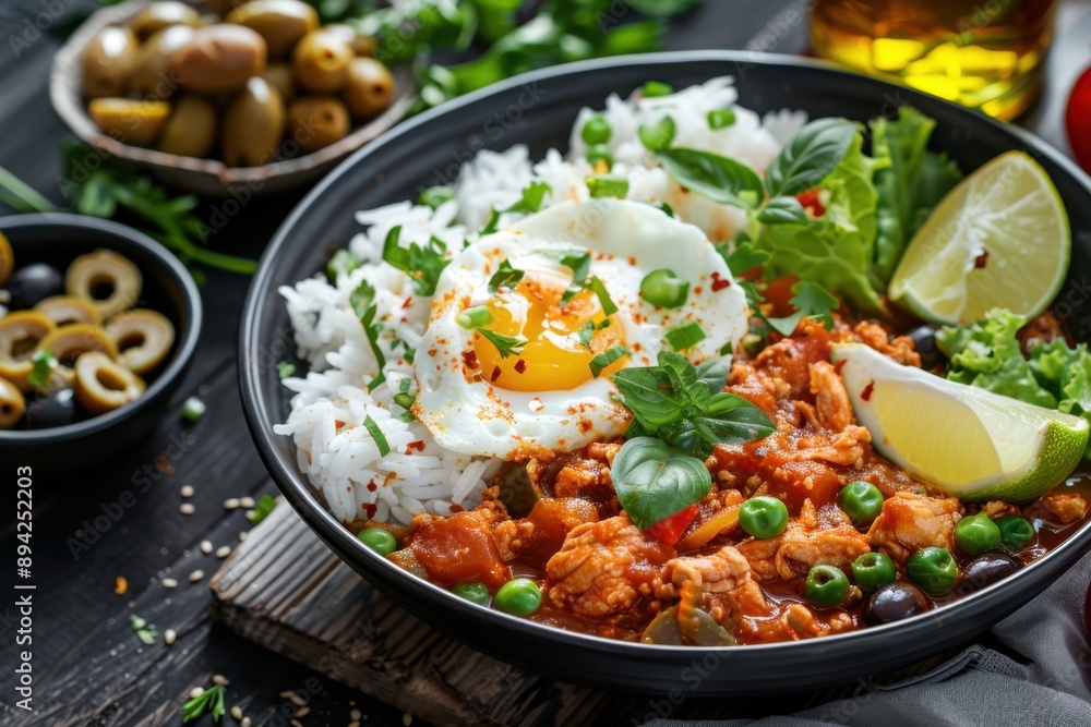 A vibrant, colorful rice bowl with spiced chicken and an egg garnished with fresh herbs. A vibrant, colorful rice bowl with spiced chicken and an egg garnished with fresh herbs.