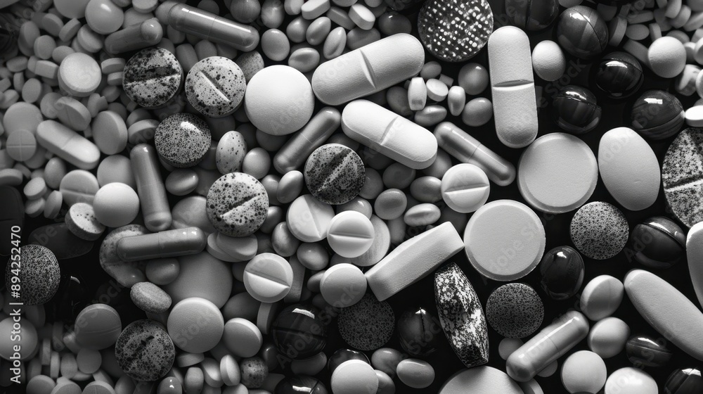 A large collection of pills and tablets of different types and sizes. This image could be used to represent pharmaceuticals, medication, healthcare services A large collection of pills and tablets of different types and sizes. This image could be used to represent pharmaceuticals, medication, healthcare services