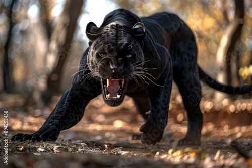 A black panther snarls ferociously with its paws gripping the forest floor photo