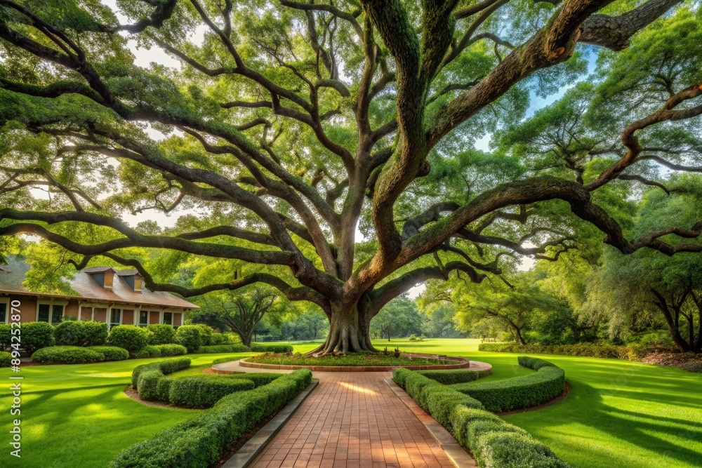 Fototapeta premium Majestic green big oak tree dominates the center of a serene architectural landscape design template with lush grass and subtle curvaceous pathways.