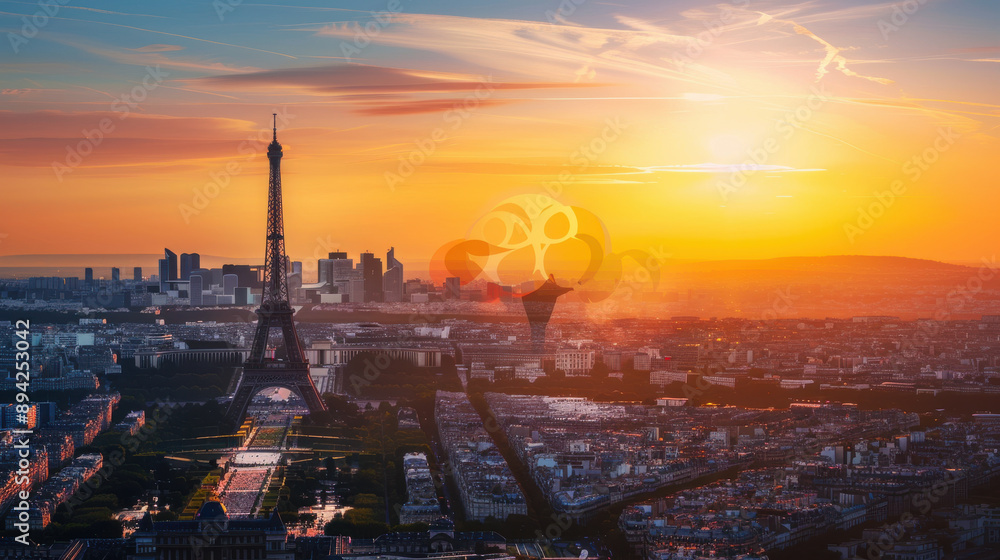 Olympic rings at sunset with the Eiffel Tower in Paris, France, panoramic background, Paris 2024 Summer Olympics banner Olympic rings at sunset with the Eiffel Tower in Paris, France, panoramic background, Paris 2024 Summer Olympics banner