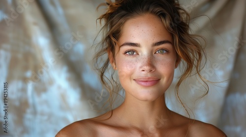 Radiant Young Woman with Clear Skin, smiling softly, exuding warmth and confidence, set against a minimalistic backdrop that enhances her natural beauty