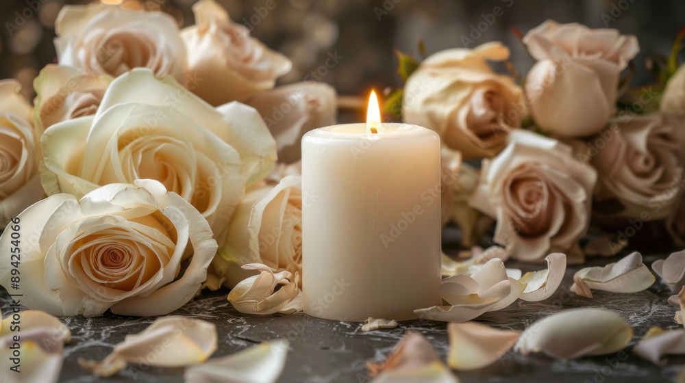 Memorial setting with white candle, roses, and flower petals, symbolizing remembrance Memorial setting with white candle, roses, and flower petals, symbolizing remembrance