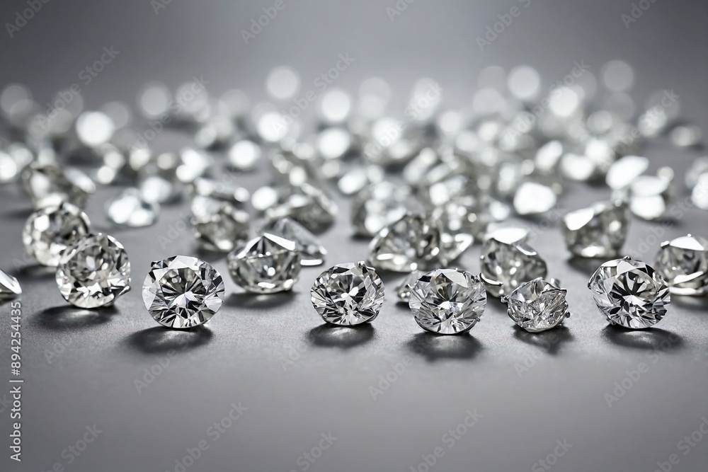 Scattered Diamond Studs on Light Gray Background: Loose diamond studs scattered artistically across a light gray background. Scattered Diamond Studs on Light Gray Background: Loose diamond studs scattered artistically across a light gray background.