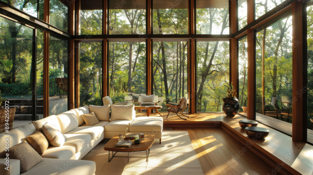 Modern living room with expansive glass windows and sunlit ambiance created by trees outside Modern living room with expansive glass windows and sunlit ambiance created by trees outside