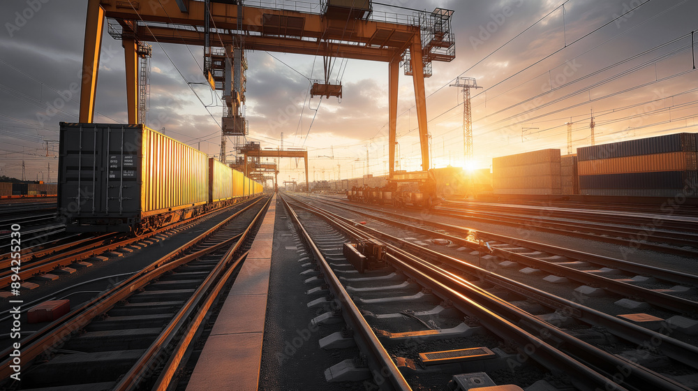 Naklejka premium Freight train station at sunset with cargo containers, railroad tracks, and loading cranes. Golden light from the setting sun creates strong contrasts and reflections.