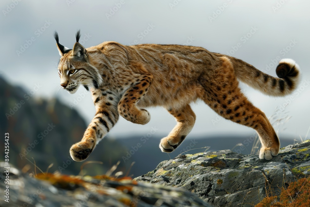 Fototapeta premium A dynamic shot of a Eurasian lynx leaping from rock to rock in a mountainous area.