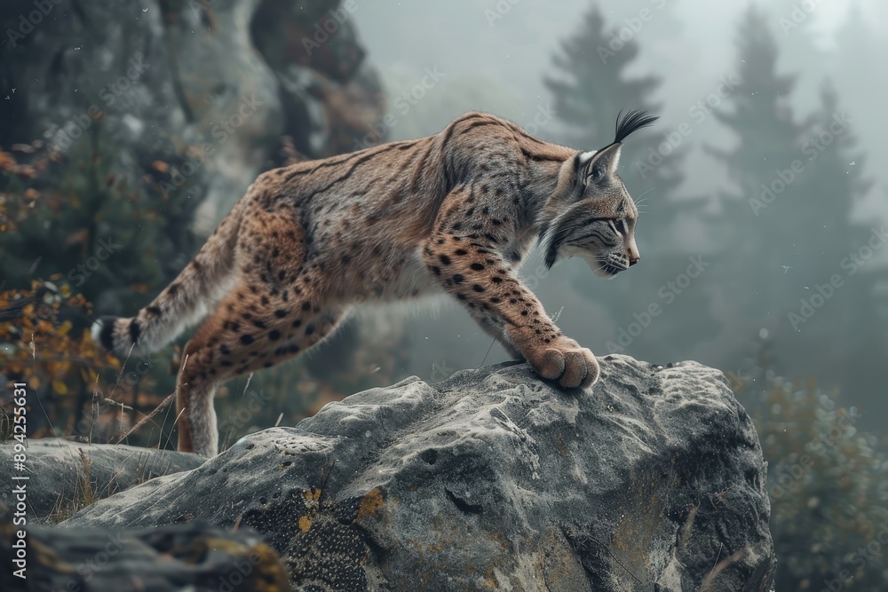 A dynamic shot of a Eurasian lynx leaping from rock to rock in a mountainous area. A dynamic shot of a Eurasian lynx leaping from rock to rock in a mountainous area.