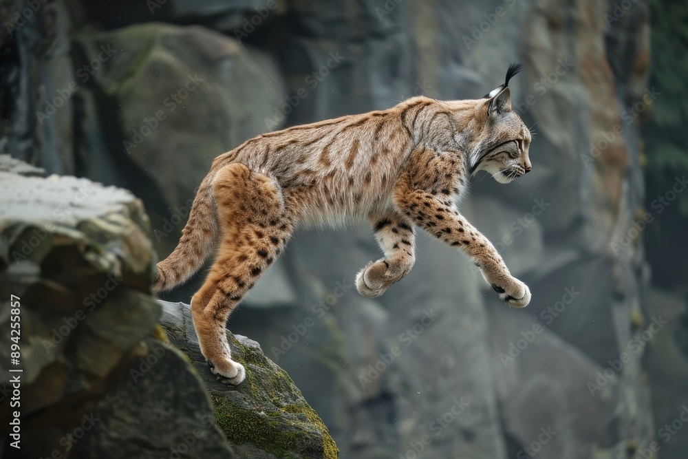 A dynamic shot of a Eurasian lynx leaping from rock to rock in a mountainous area. A dynamic shot of a Eurasian lynx leaping from rock to rock in a mountainous area.