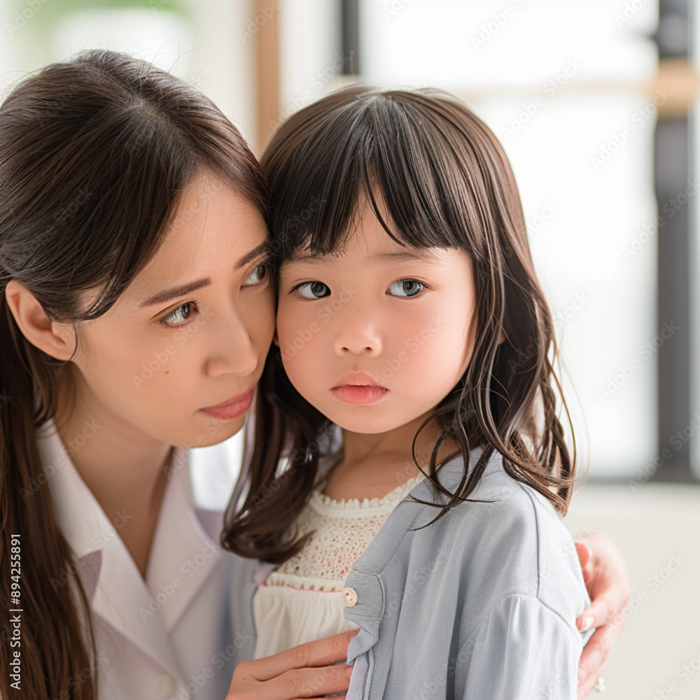 A Japanese mother hugs her baby while waiting for a medical examination, medical environment A Japanese mother hugs her baby while waiting for a medical examination, medical environment