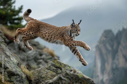 A dynamic shot of a Eurasian lynx leaping from rock to rock in a mountainous area. photo