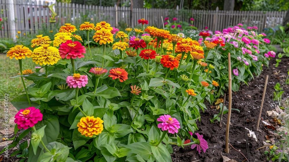 A garden bed filled with colorful zinnias A garden bed filled with colorful zinnias