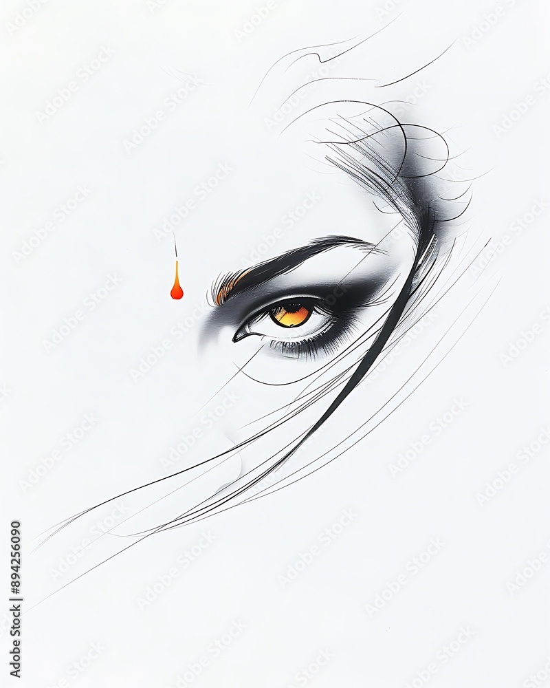 Fototapeta premium semi close-up of Bhuvaneshvari in Kalighat and Japanese ink style, fluid lines, stark contrasts, taken with lens, more clarity with clear light and sharp focus, high detailed