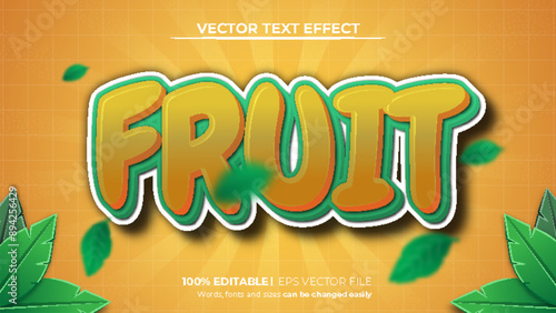 editable text effect style fruit 3d logo template with green leaf background