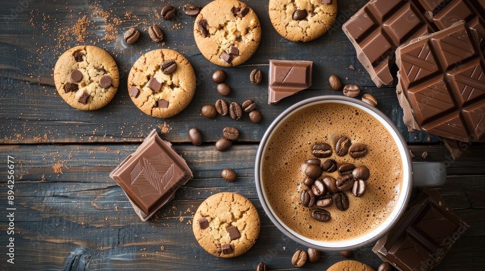 Coffee cup cookies and chocolate bar seen from above on wooden table Coffee cup cookies and chocolate bar seen from above on wooden table