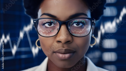 Intricate Financial Data: African Woman with Stock Market Graphs Reflected in Glasses 