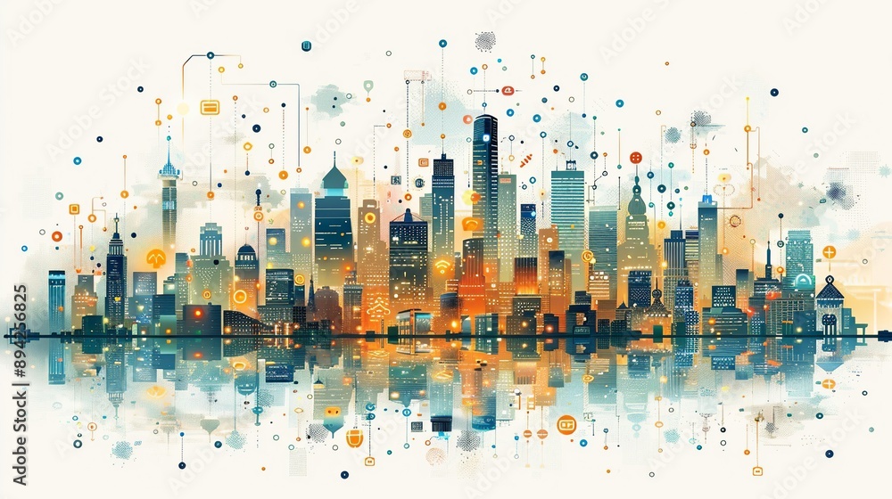 Sustainable urban development with abstract smart city infrastructure. Minimalist UI in a flat illustration style on a white background with bright Color scheme, dribble, flat Illustration , Sustainable urban development with abstract smart city infrastructure. Minimalist UI in a flat illustration style on a white background with bright Color scheme, dribble, flat Illustration ,