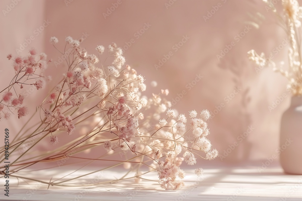 A delicate arrangement of dried flowers in soft pink and cream hues, lying on a white surface. The background is softly blurred with a warm, pastel tone, giving the scene a serene and dreamy. A delicate arrangement of dried flowers in soft pink and cream hues, lying on a white surface. The background is softly blurred with a warm, pastel tone, giving the scene a serene and dreamy.