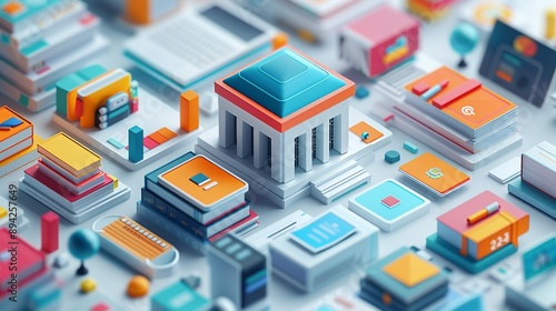 Technology integration in education with abstract digital learning and e-learning. Minimalist UI in a flat illustration style on a white background with bright Color scheme, dribble, flat