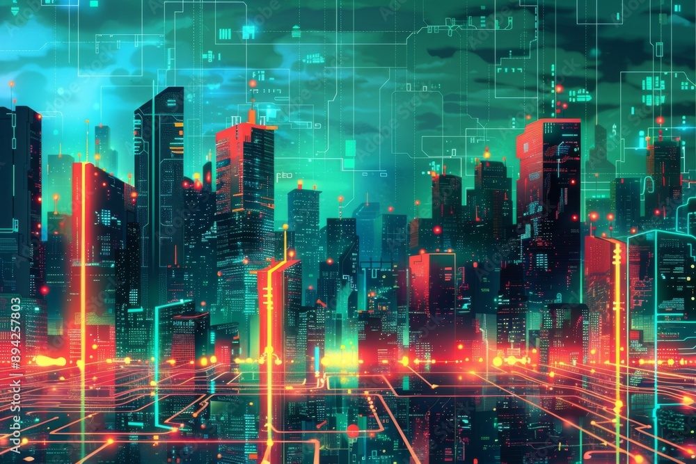 Obraz premium Futuristic Smart Cyber City illustration: Innovative Urban Landscape, futuristic technology and cyber punk concept, Graphic Resources, Wallpapers, Brochure, Websites, banner, Advertising, background