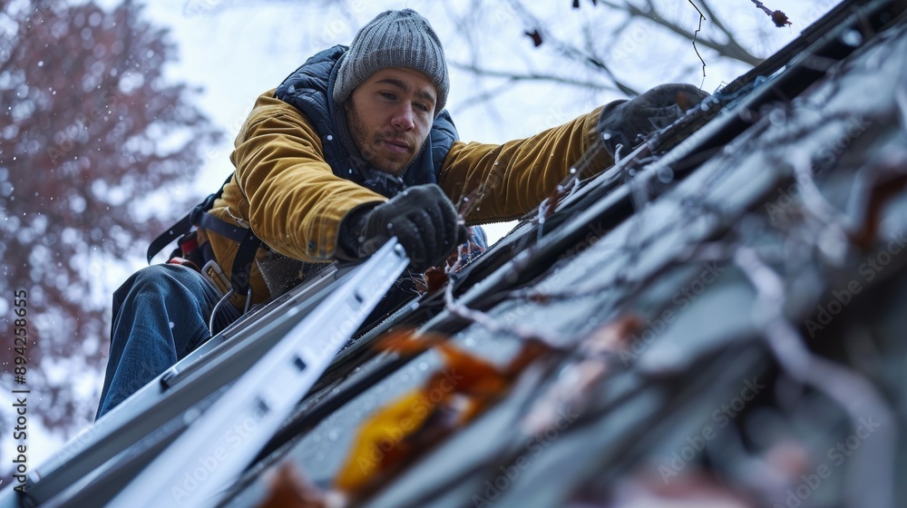A man in winter gear climbs a ladder to a roof, working in cold conditions. A man in winter gear climbs a ladder to a roof, working in cold conditions.