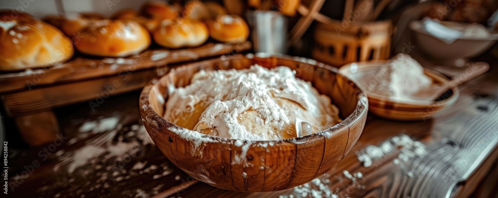 A rustic wooden bowl filled with flour with fresh baked bread on a wooden table in a cozy kitchen setting. A rustic wooden bowl filled with flour with fresh baked bread on a wooden table in a cozy kitchen setting.