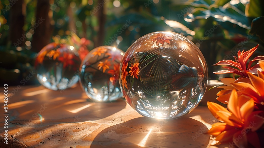 Glass orbs and flowers displayed on a table. Glass orbs and flowers displayed on a table.