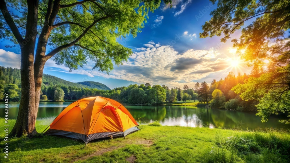 Vibrant orange tent stands alone on lush green grass near serene lake surrounded by majestic trees on a sunny summer day. Vibrant orange tent stands alone on lush green grass near serene lake surrounded by majestic trees on a sunny summer day.