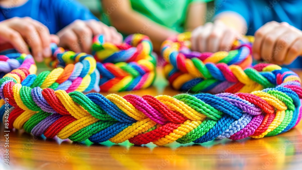 Colorful woven rainbow bracelets entwined, symbolizing unity and friendship among diverse young learners in an elementary school setting. Colorful woven rainbow bracelets entwined, symbolizing unity and friendship among diverse young learners in an elementary school setting.