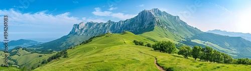 Panoramic drone shot of serene mountain range at sunrise, panoramic mountain view, natural tranquility