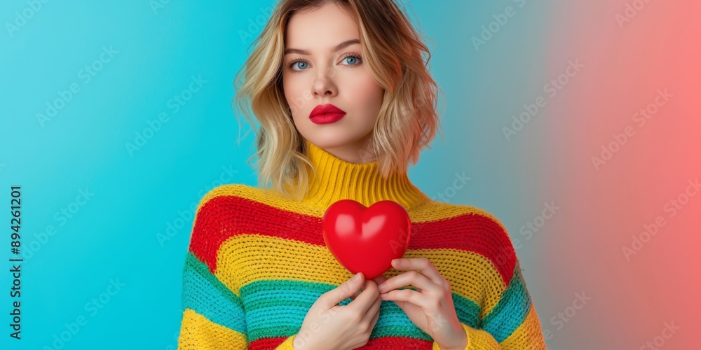 A woman is holding a red heart in her hand while wearing a colorful striped sweater. Concept of warmth and love, as the woman's outfit and the heart symbolize affection and care A woman is holding a red heart in her hand while wearing a colorful striped sweater. Concept of warmth and love, as the woman's outfit and the heart symbolize affection and care