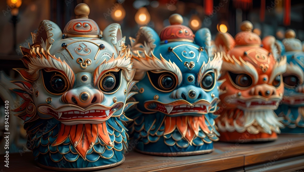 Obraz premium Assorted dragon masks in vibrant colors displayed neatly on a shelf.