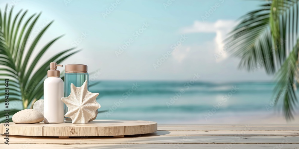A beach scene with a white bottle and a starfish on a wooden tray. The scene is calm and relaxing, with the ocean in the background A beach scene with a white bottle and a starfish on a wooden tray. The scene is calm and relaxing, with the ocean in the background