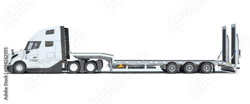 Semi Truck with Lowboy Platform Trailer 3D rendering on white background photo