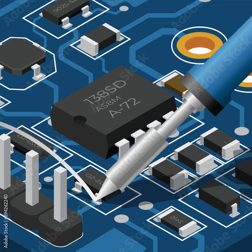 Isometric electronic board with soldering iron. Isometric printed circuit board with electronic components. Electronics repair