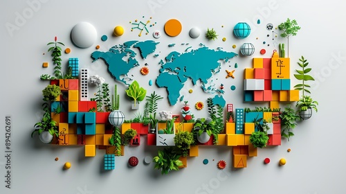 Sustainable development goals with abstract global sustainability and SDGs. Minimalist UI in a flat illustration style on a white background with bright Color scheme, dribble, flat Illustration ,