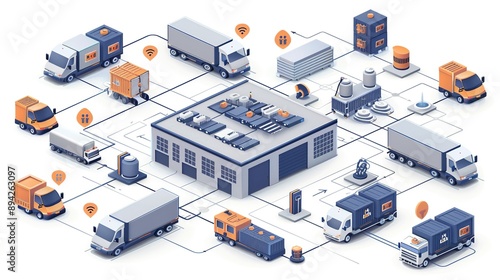 Logistics optimization with abstract supply chain management and distribution networks. Minimalist UI in a flat illustration style on a white background with bright Color scheme, dribble, flat