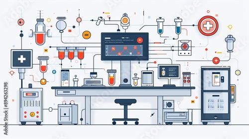 Advanced technology in healthcare with abstract medical devices and biotechnology. Minimalist UI in a flat illustration style on a white background with bright Color scheme, dribble, flat
