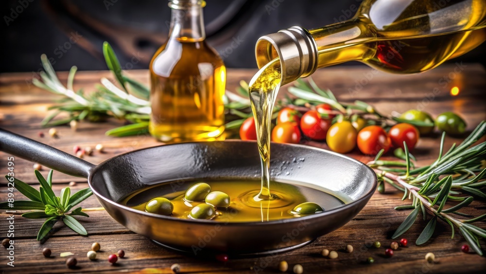 Golden liquid olive oil flows slowly from a glass bottle into sizzling hot pans and onto various mouthwatering culinary creations. Golden liquid olive oil flows slowly from a glass bottle into sizzling hot pans and onto various mouthwatering culinary creations.